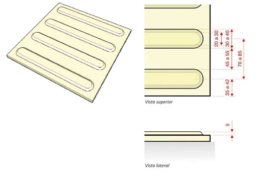 4 - Sinalização tátil no piso (Pisos Táteis de Alerta e Direcional) A sinalização tátil, quando instalada no piso, tem a função de guiar o fluxo e orientar os direcionamentos nos percursos de