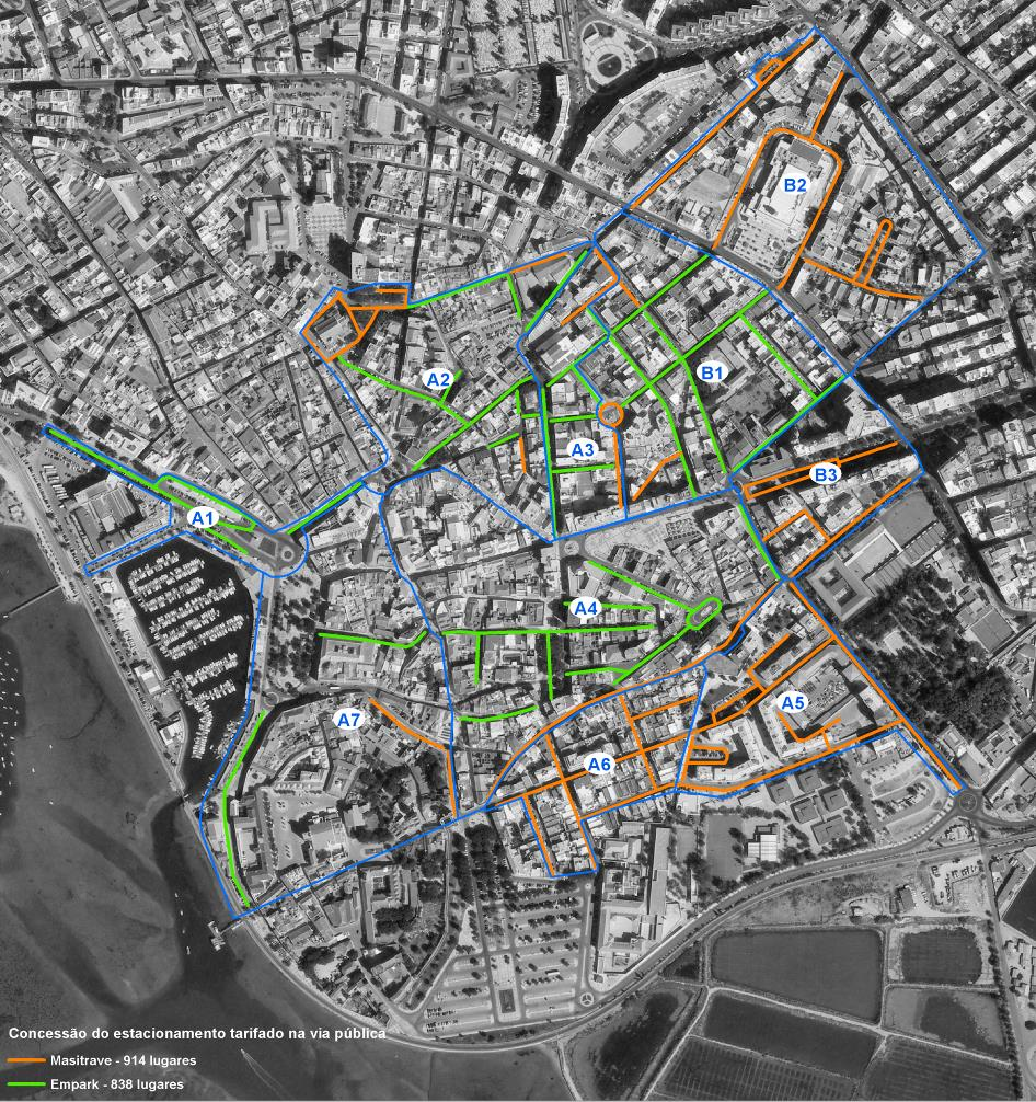7.2.1. Oferta de estacionamento tarifado via pública Na Figura 82 apresenta-se as áreas de estacionamento tarifadas na via pública da cidade de Faro.
