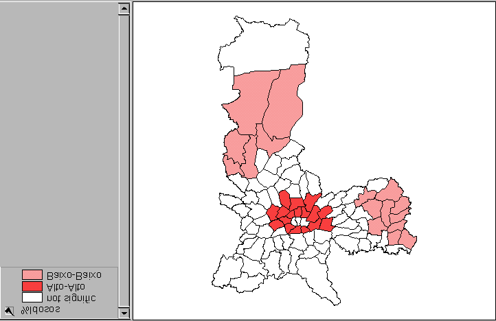 Figura 1 Distribuição estatística da percentagem de idosos por distritos de São Paulo (laranja: acima da média; azul: abaixo da média).