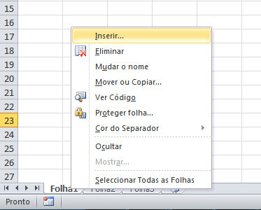 Inserir Folhas Pode também inserir uma folha nova num livro preexistente.