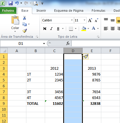 Inserir e Apagar Linhas e Colunas Uma vez mais temos a nova coluna