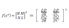 Onde, P esp k : potência ativa injetada na barra K; P calc k : potência ativa calculada na barra K; Q esp k : potência reativa injetada na barra k; Q calc k : potência reativa calculada na barra k.