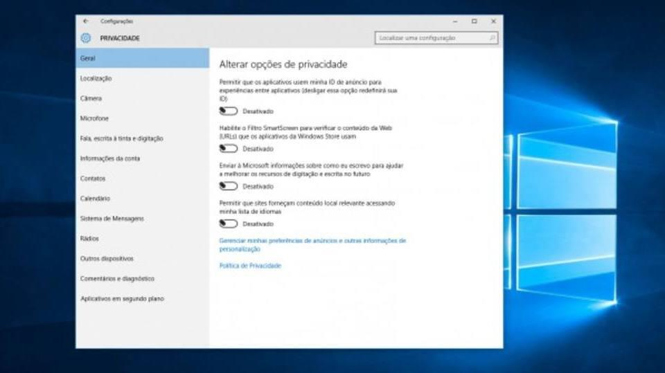 2. Desative os sistemas de espionagem O W10 é diferente dos outros Windows.