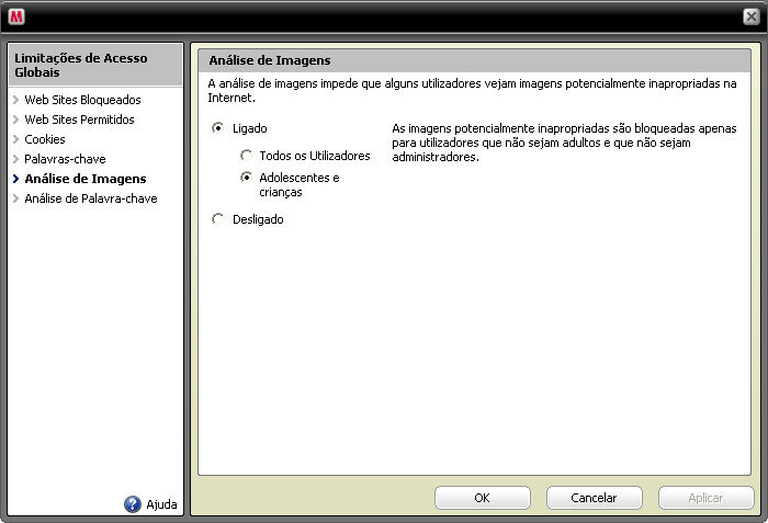 Quando estiver na página Configuração dos Controlos Parentais, seleccione a opção Avançado para aceder a todas as funções dos controlos parentais.