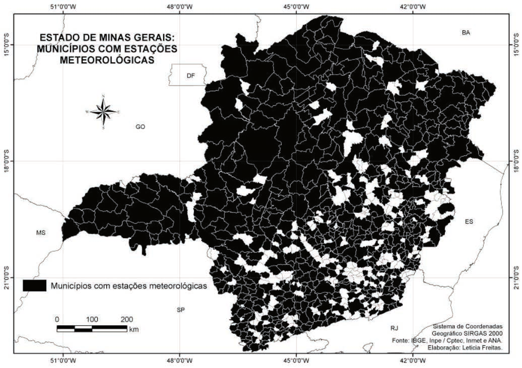 A Figura 32 destaca os municípios de Minas Gerais com ou sem estações meteorológicas. Figura 32 - Municípios de Minas Gerais com algum tipo de estação meteorológica.