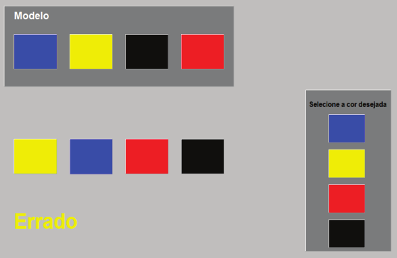 A tarefa do participante consistia em observar o modelo que aparecia na parte superior da tela, selecionar a cor desejada (lado direito) e clicar no local de sua preferência (abaixo do modelo).