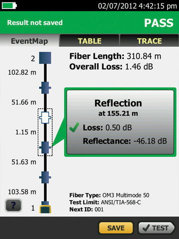 Visualização EventMap gráfica Para eliminar a curva de aprendizagem associada com a leitura de um traço OTDC, a lógica avançada do OptiFiber Pro interpreta automaticamente as informações para criar