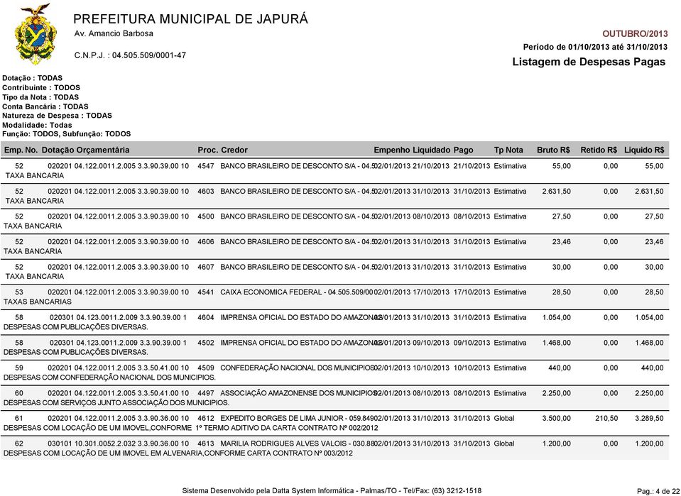 502/01/2013 08/10/2013 08/10/2013 Estimativa 27,50 TAXA BANCARIA 52 020201 04.122.0011.2.005 3.3.90.39.00 10 4606 BANCO BRASILEIRO DE DESCONTO S/A - 04.