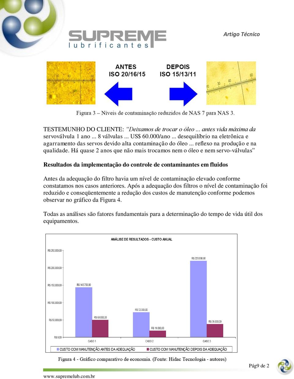 Há quase 2 anos que não mais trocamos nem o óleo e nem servo-válvulas Resultados da implementação do controle de contaminantes em fluidos Antes da adequação do filtro havia um nível de