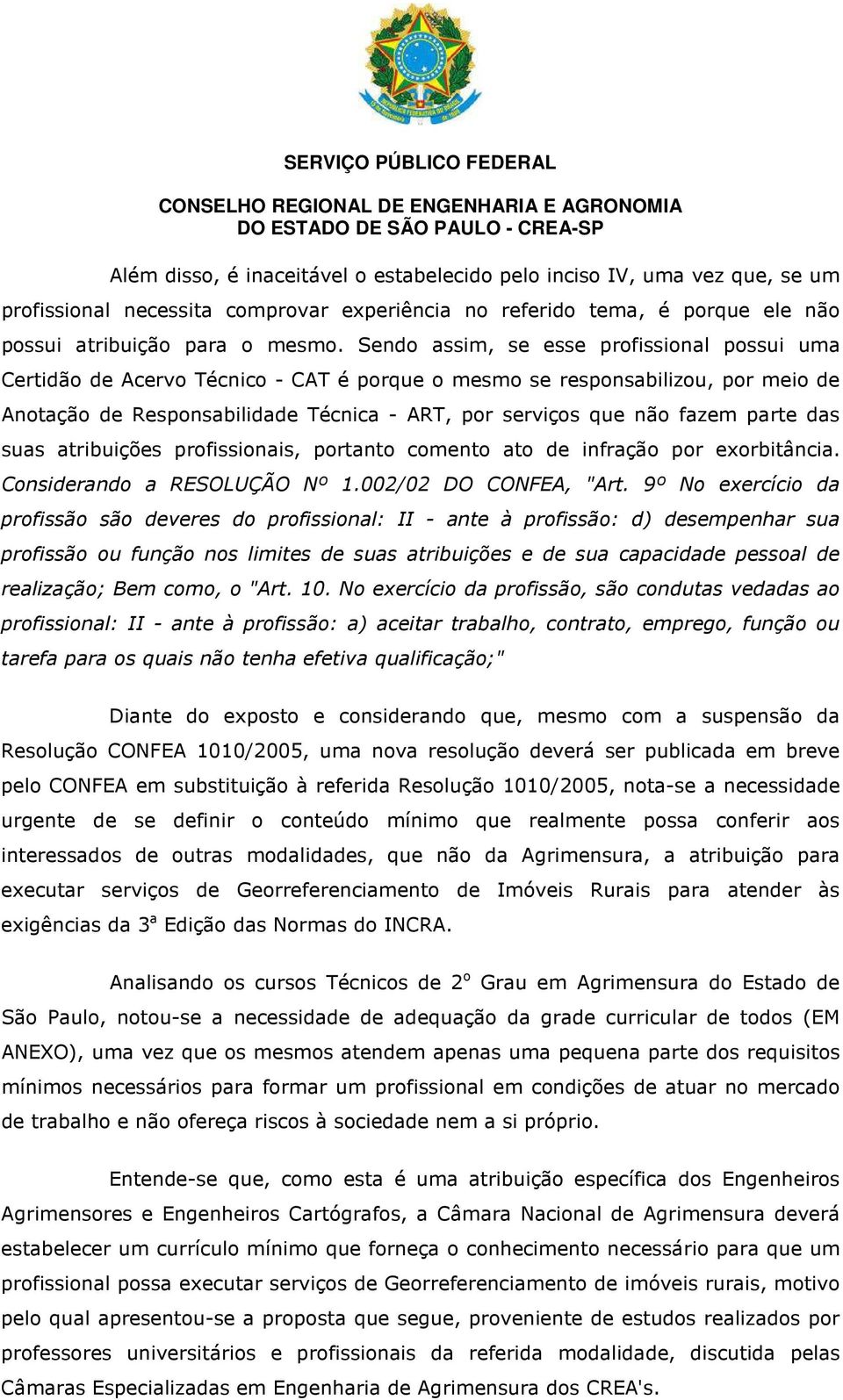 parte das suas atribuições profissionais, portanto comento ato de infração por exorbitância. Considerando a RESOLUÇÃO Nº 1.002/02 DO CONFEA, "Art.