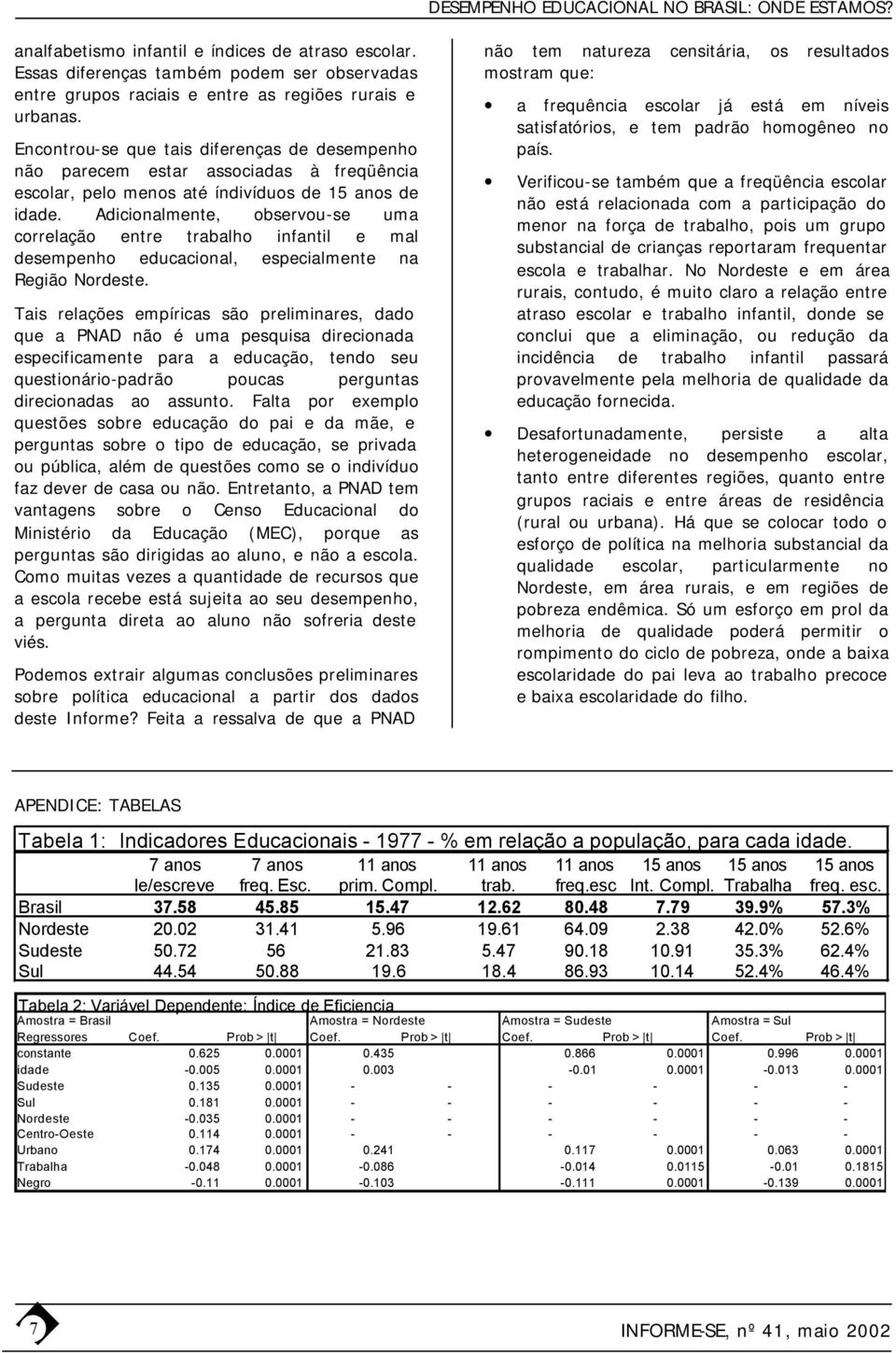 Adicionalmente, observou-se uma correlação entre trabalho infantil e mal desempenho educacional, especialmente na Região Nordeste.