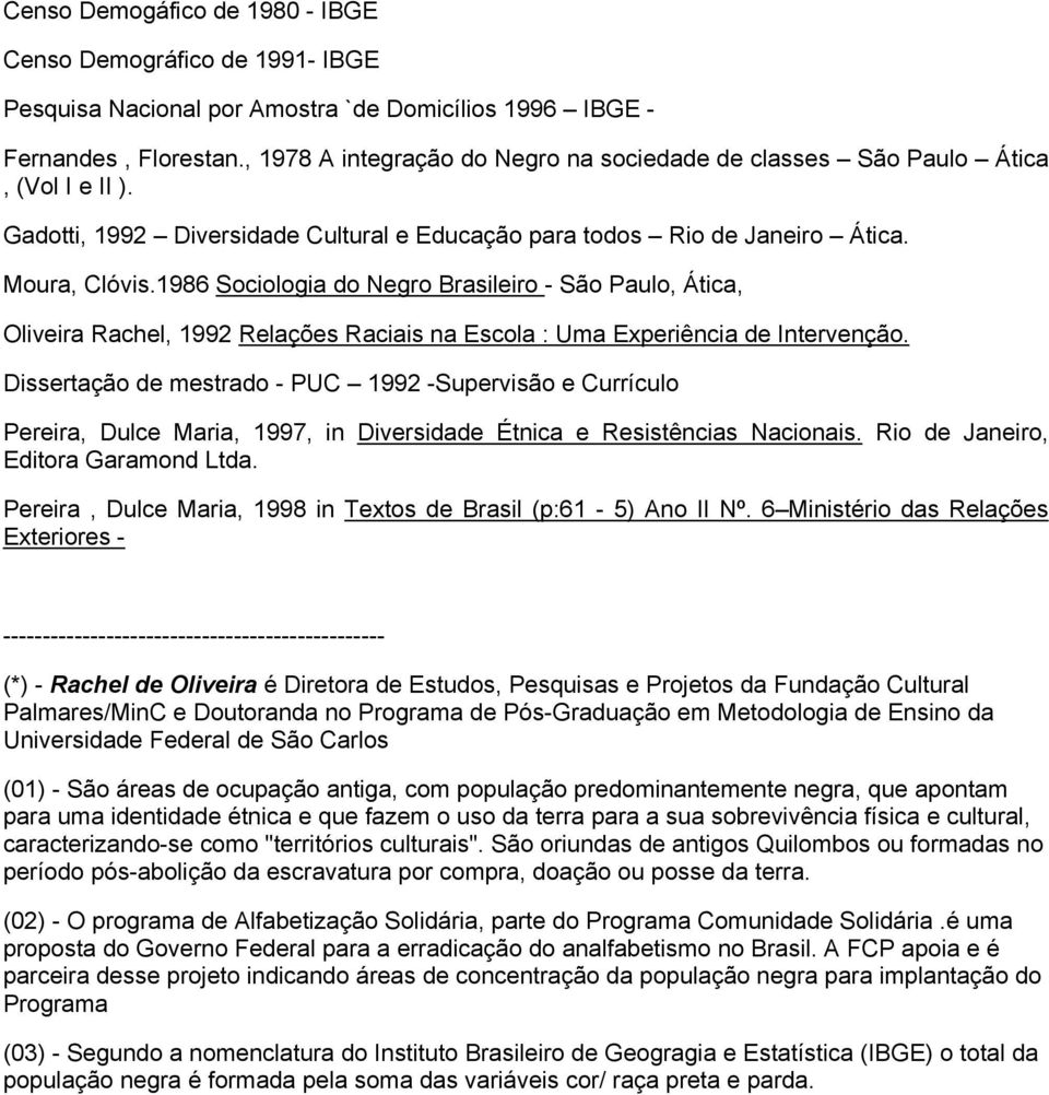 1986 Sociologia do Negro Brasileiro - São Paulo, Ática, Oliveira Rachel, 1992 Relações Raciais na Escola : Uma Experiência de Intervenção.