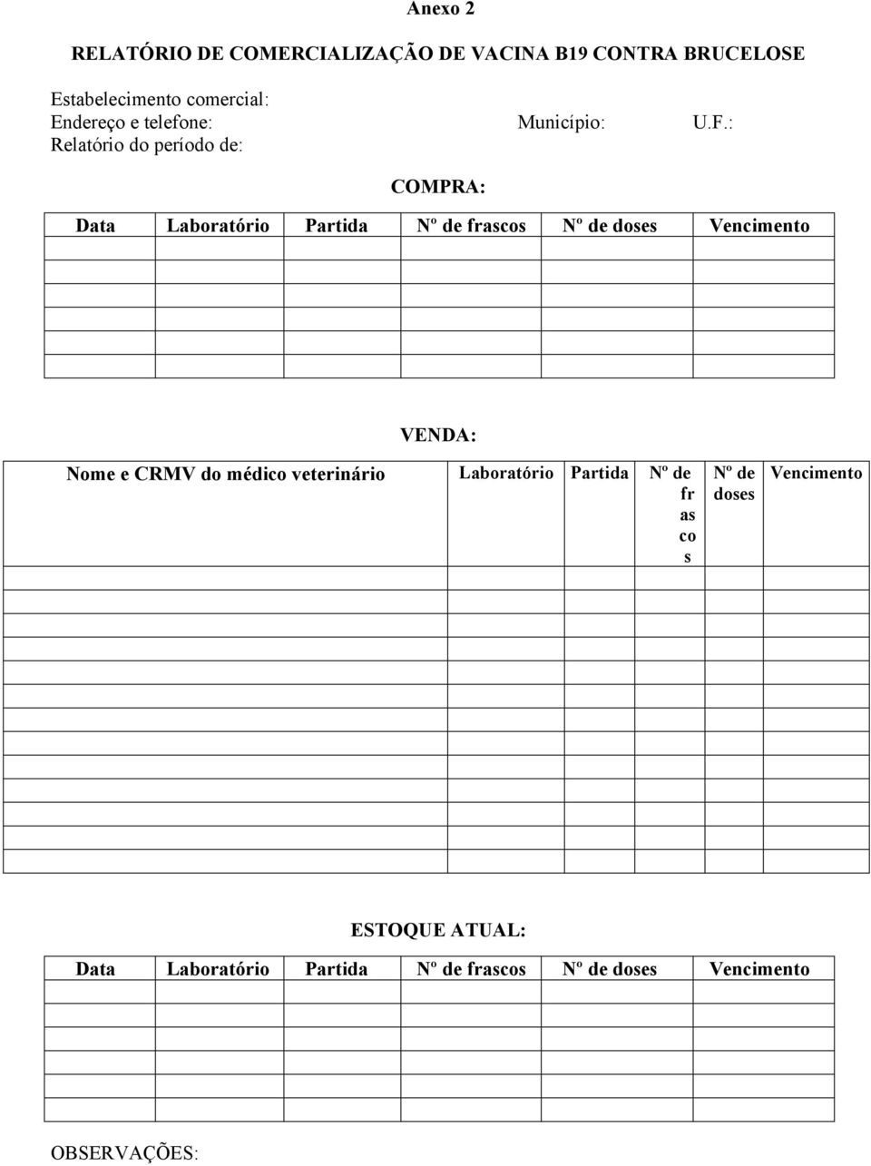 : Relatório do período de: COMPRA: Data Laboratório Partida Nº de frascos Nº de doses Vencimento VENDA: