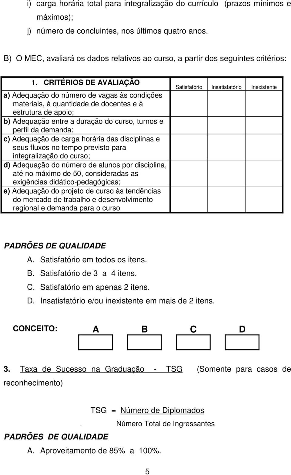 CRITÉRIOS DE AVALIAÇÃO a) Adequação do número de vagas às condições materiais, à quantidade de docentes e à estrutura de apoio; b) Adequação entre a duração do curso, turnos e perfil da demanda; c)