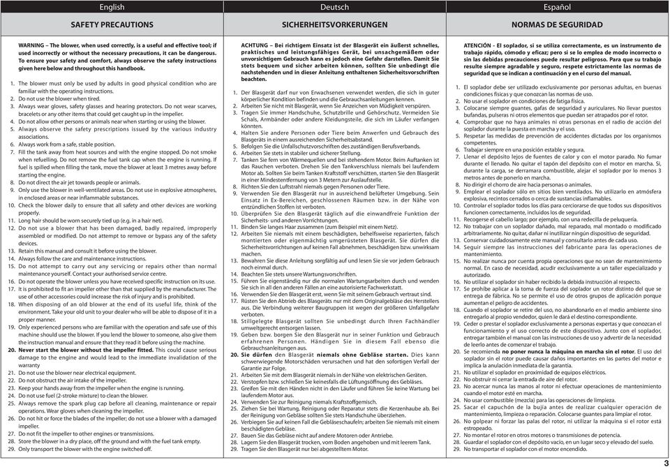 The blower must only be used by adults in good physical condition who are familiar with the operating instructions. 2. Do not use the blower when tired. 3.