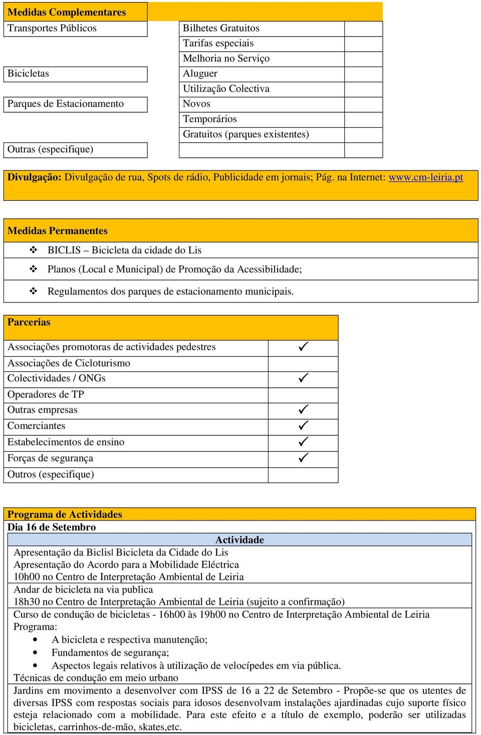 pt Medidas Permanentes BICLIS Bicicleta da cidade do Lis Planos (Local e Municipal) de Promoção da Acessibilidade; Regulamentos dos parques de estacionamento municipais.