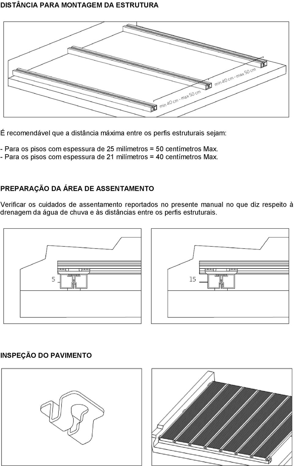 - Para os pisos com espessura de 21 milímetros = 40 centímetros Max.