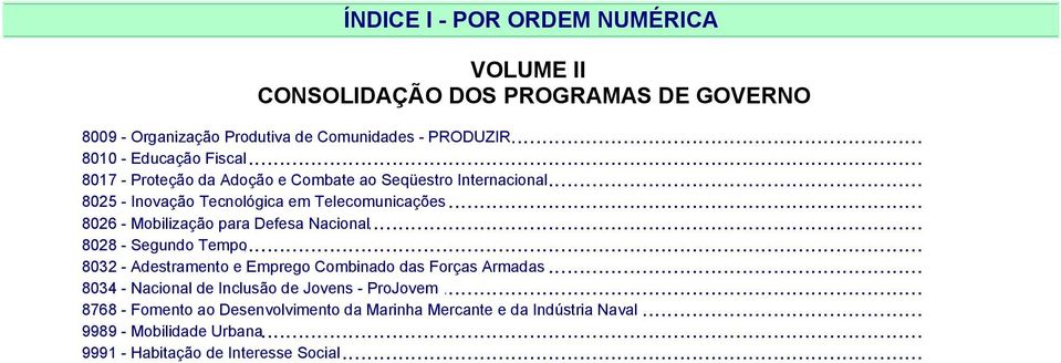 Mobilização para Defesa 322 8028 - Segundo Tempo 322 8032 - Adestramento e Emprego Combinado das Forças Armadas 323 8034 - de Inclusão de Jovens -