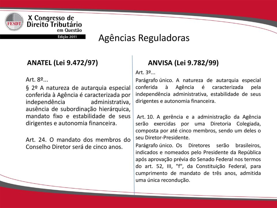 autonomia financeira. Art. 24. O mandato dos membros do Conselho Diretor será de cinco anos. ANVISA (Lei 9.782/99) Art. 3º... Parágrafo único.