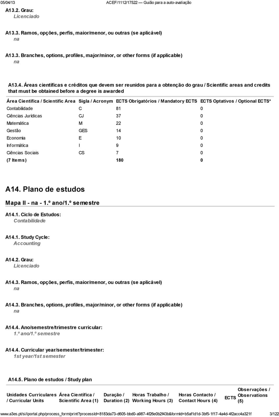 Acronym ECTS Obrigatórios / Mandatory ECTS ECTS Optativos / Optional ECTS* Contabilidade C 81 0 Ciências Jurídicas CJ 37 0 Matemática M 22 0 Gestão GES 14 0 Economia E 10 0 Informática I 9 0 Ciências