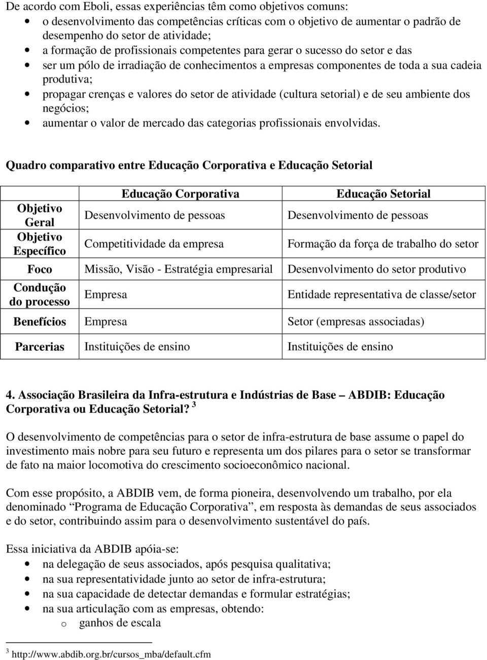 atividade (cultura setorial) e de seu ambiente dos negócios; aumentar o valor de mercado das categorias profissionais envolvidas.