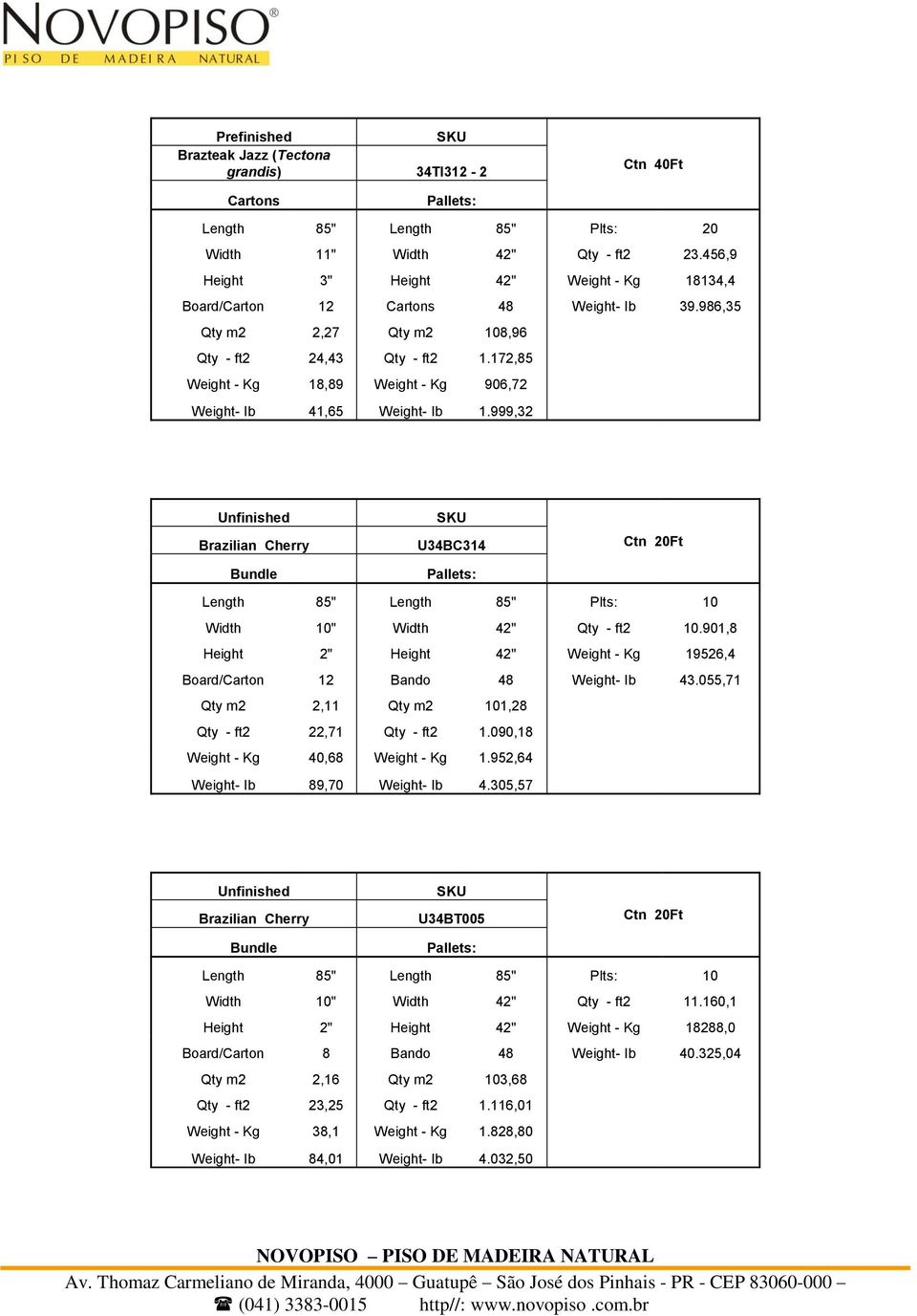 999,32 Unfinished Brazilian Cherry Bundle U34BC314 Width 10" Width 42" Qty - ft2 10.901,8 Height 2" Height 42" Weight - Kg 19526,4 Board/Carton 12 Bando 48 Weight- Ib 43.
