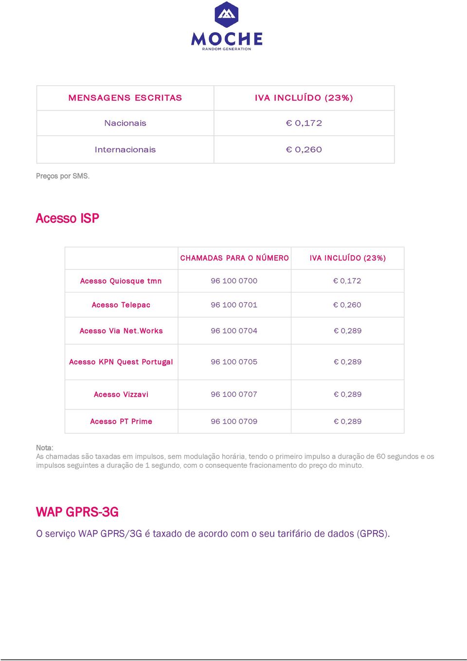 Works 96 100 0704 0,289 Acesso KPN Quest Portugal 96 100 0705 0,289 Acesso Vizzavi 96 100 0707 0,289 Acesso PT Prime 96 100 0709 0,289 Nota: As chamadas são taxadas em