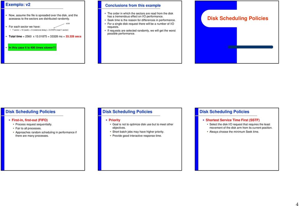 328 secs 6/320 The order in which the sectors are read from the disk has a tremendous effect on I/O performance. Seek time is the reason for differences in performance.