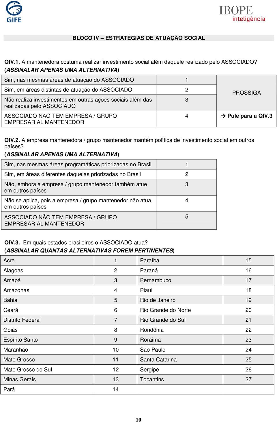 realizadas pelo ASSOCIADO 3 PROSSIGA ASSOCIADO NÃO TEM EMPRESA / GRUPO EMPRESARIAL MANTENEDOR 4 Pule para a QIV.3 QIV.2.