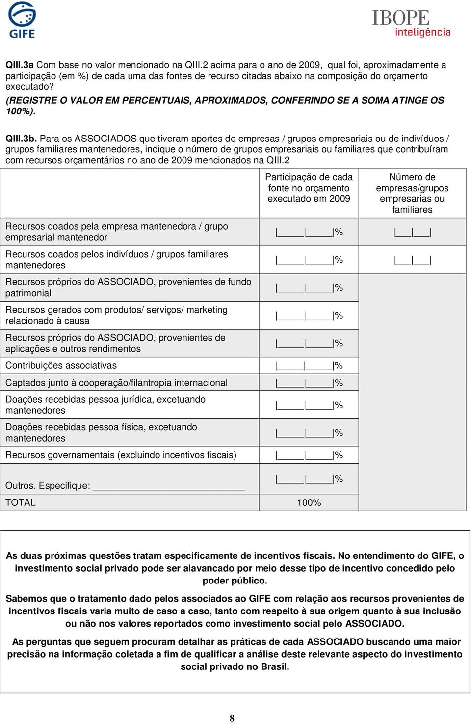 (REGISTRE O VALOR EM PERCENTUAIS, APROXIMADOS, CONFERINDO SE A SOMA ATINGE OS 100%). QIII.3b.