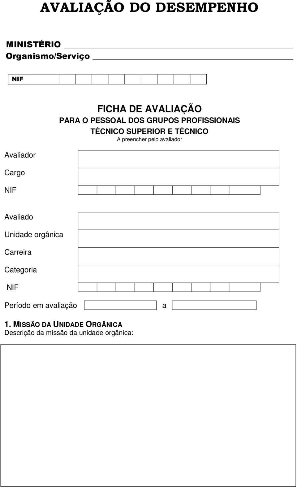 pelo avaliador Avaliado Unidade orgânica Carreira Categoria NIF Período em