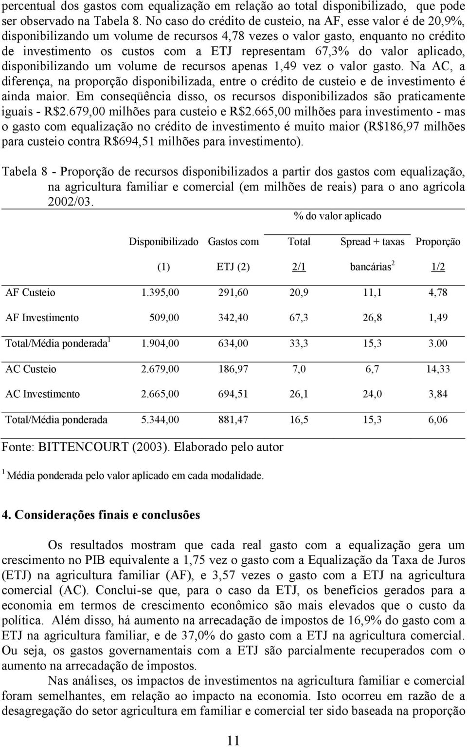 do valor aplicado, disponibilizando um volume de recursos apenas 1,49 vez o valor gasto. Na AC, a diferença, na proporção disponibilizada, entre o crédito de custeio e de investimento é ainda maior.