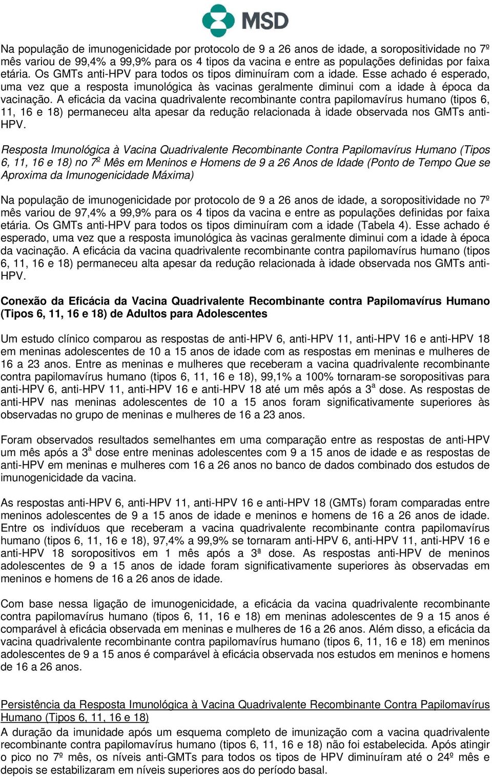 A eficácia da vacina quadrivalente recombinante contra papilomavírus humano (tipos 6, 11, 16 e 18) permaneceu alta apesar da redução relacionada à idade observada nos GMTs anti- HPV.