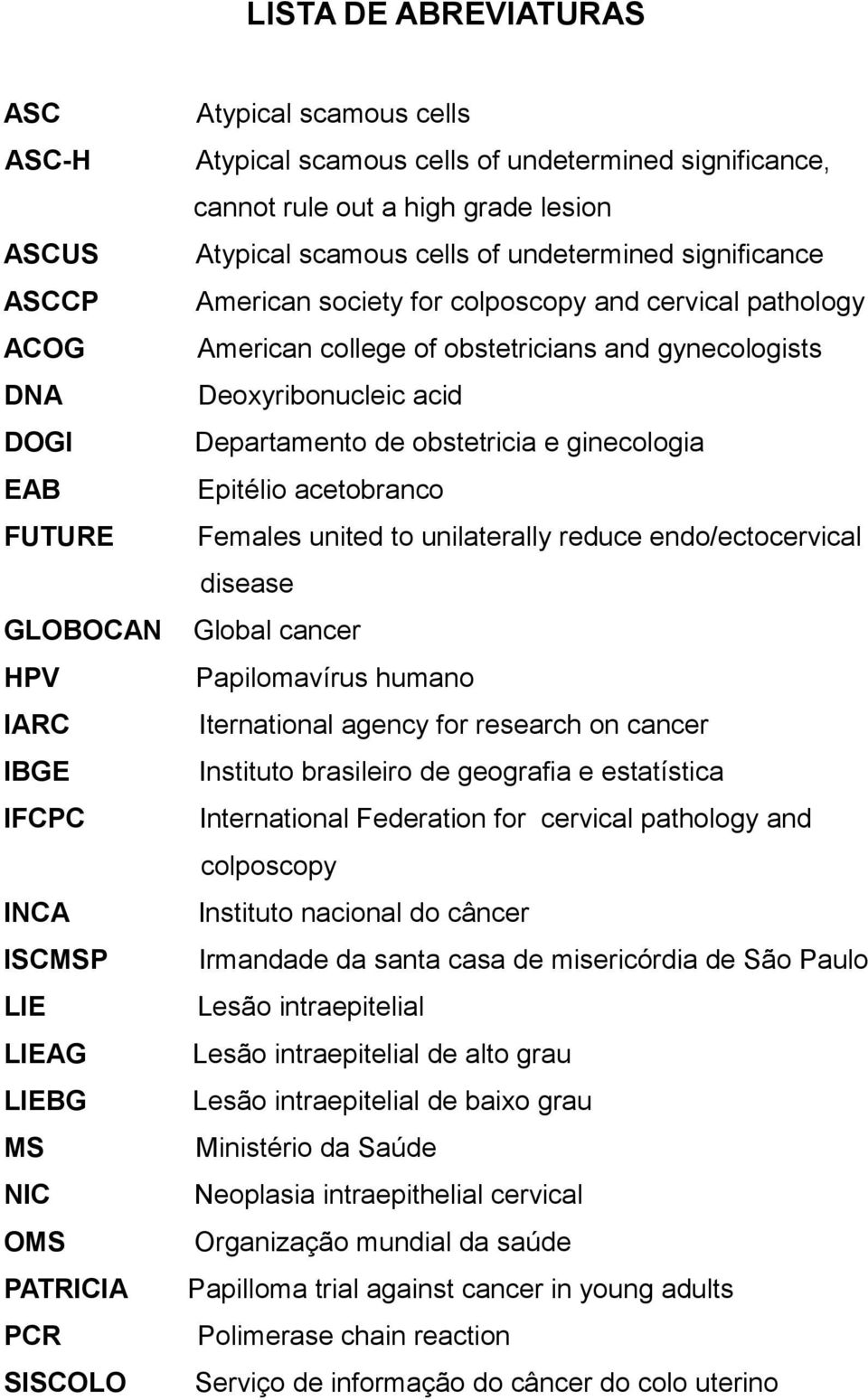 obstetricians and gynecologists Deoxyribonucleic acid Departamento de obstetricia e ginecologia Epitélio acetobranco Females united to unilaterally reduce endo/ectocervical disease Global cancer
