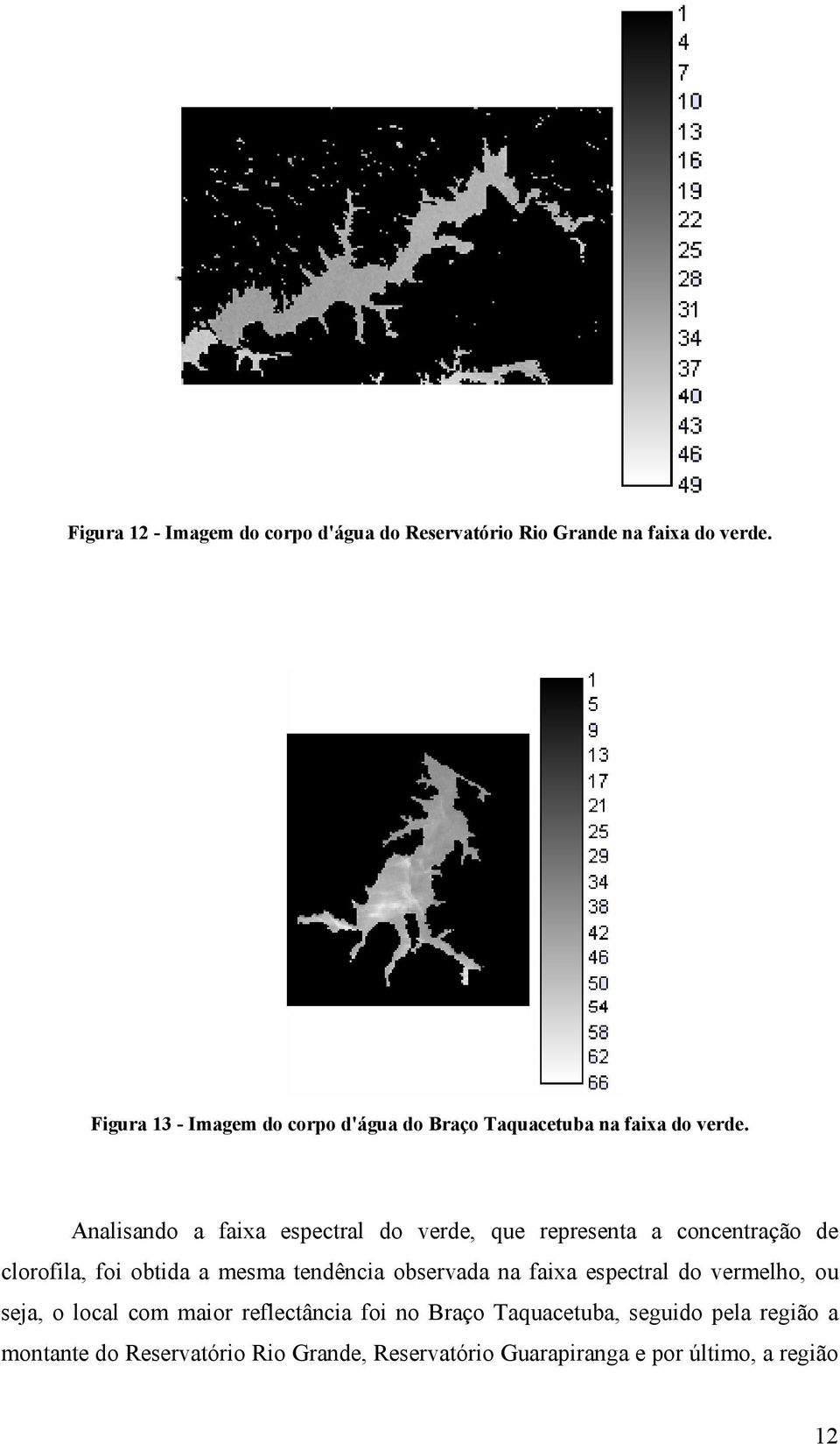 Analisando a faixa espectral do verde, que representa a concentração de clorofila, foi obtida a mesma tendência observada