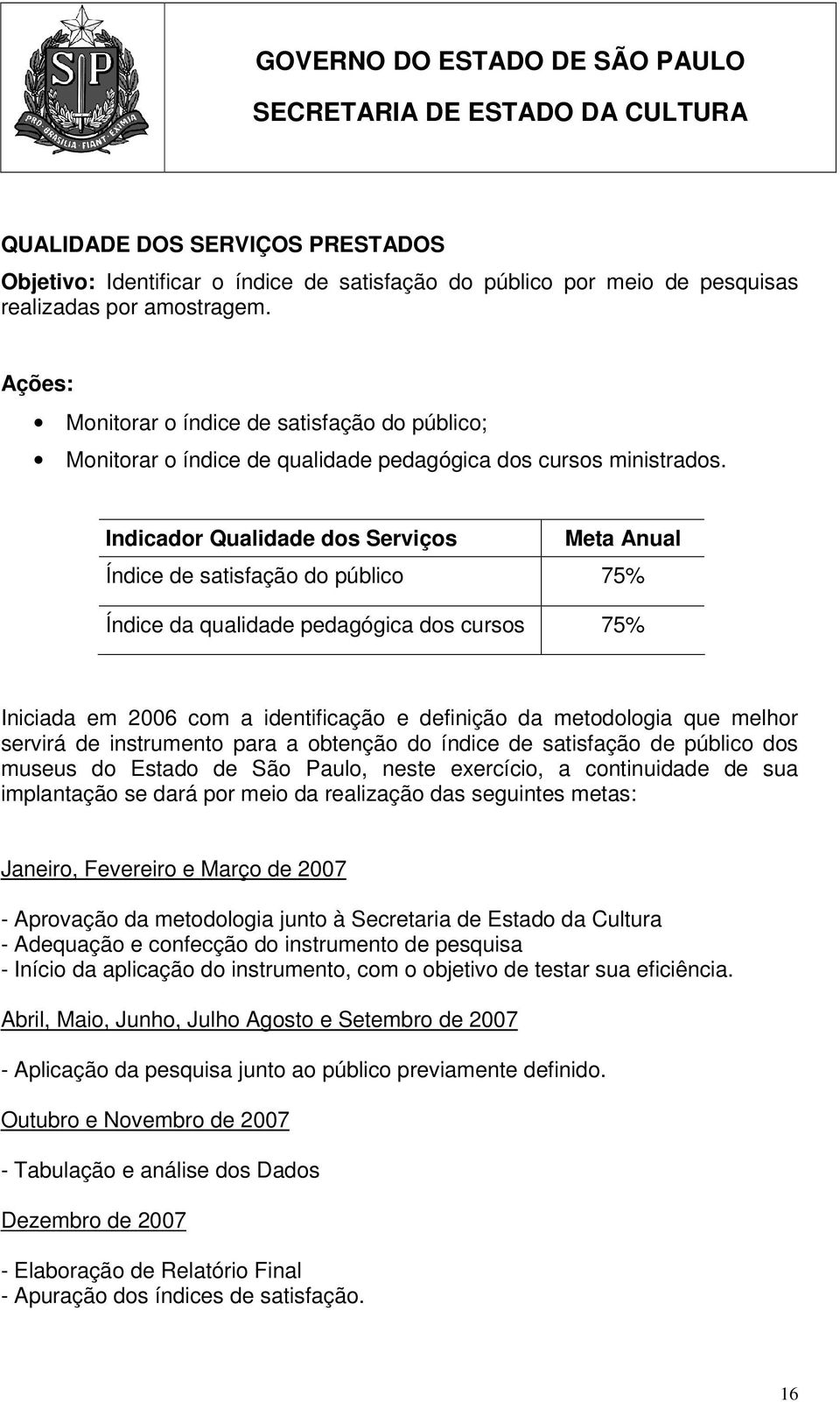 Indicador Qualidade dos Serviços Meta Anual Índice de satisfação do público 75% Índice da qualidade pedagógica dos cursos 75% Iniciada em 2006 com a identificação e definição da metodologia que