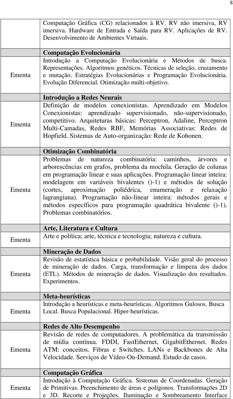 Estratégias Evolucionárias e Programação Evolucionária. Evolução Diferencial. Otimização multi-objetivo. Introdução a Redes Neurais Definição de modelos conexionistas.