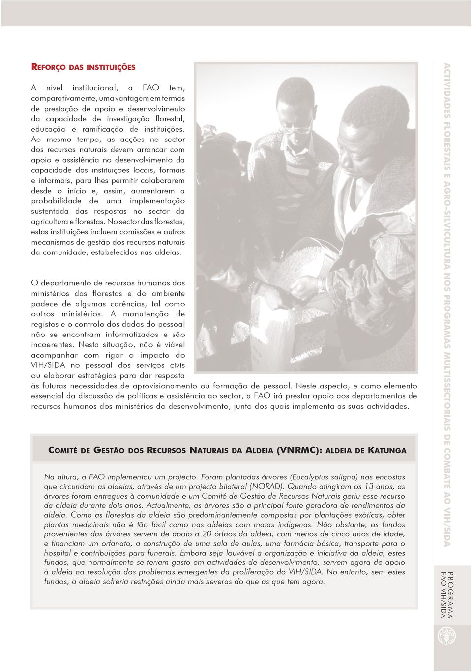 Ao mesmo tempo, as acções no sector dos recursos naturais devem arrancar com apoio e assistência no desenvolvimento da capacidade das instituições locais, formais e informais, para lhes permitir