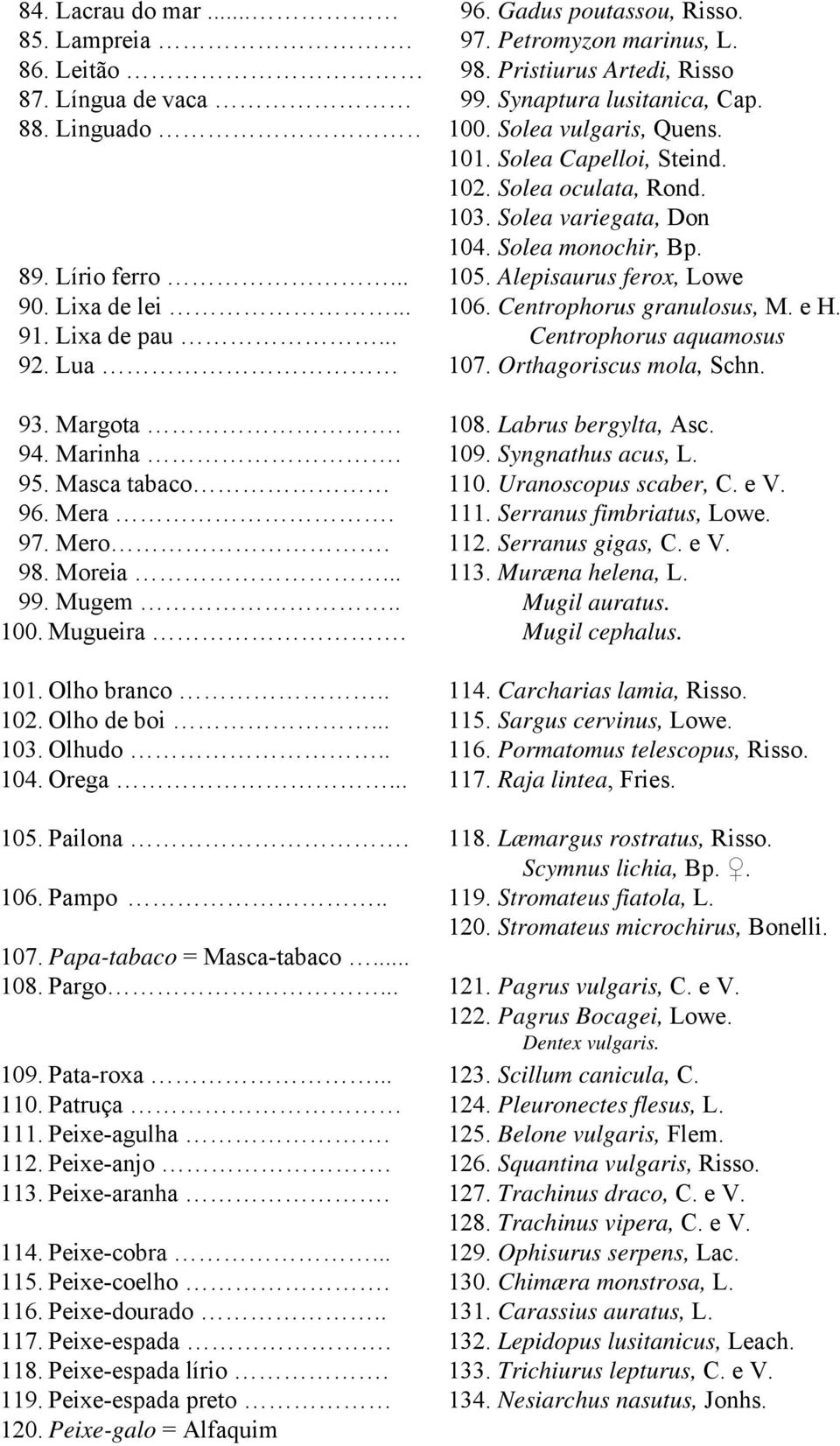 Centrophorus granulosus, M. e H. 91. Lixa de pau... Centrophorus aquamosus 92. Lua 107. Orthagoriscus mola, Schn. 93. Margota. 108. Labrus bergylta, Asc. 94. Marinha. 109. Syngnathus acus, L. 95.