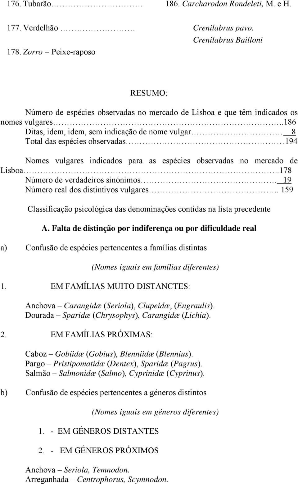 .186 Ditas, idem, idem, sem indicação de nome vulgar 8 Total das espécies observadas 194 Nomes vulgares indicados para as espécies observadas no mercado de Lisboa..178 Número de verdadeiros sinónimos.