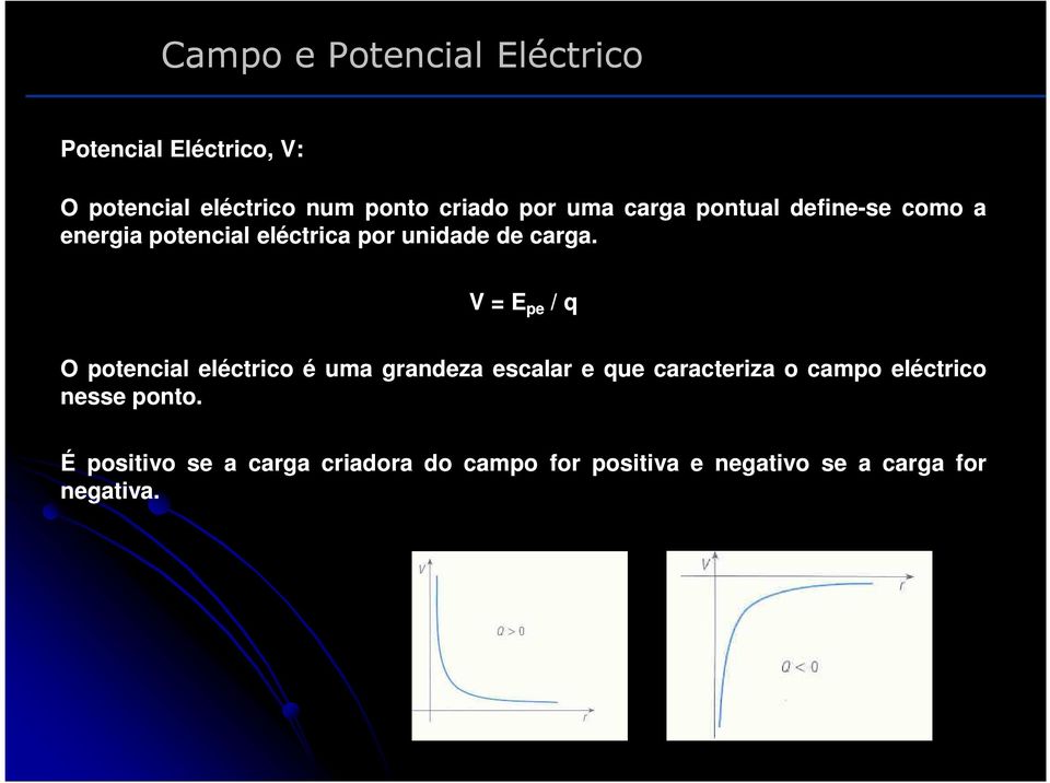 V = E pe / q O potencial eléctrico é uma grandeza escalar e que caracteriza o campo