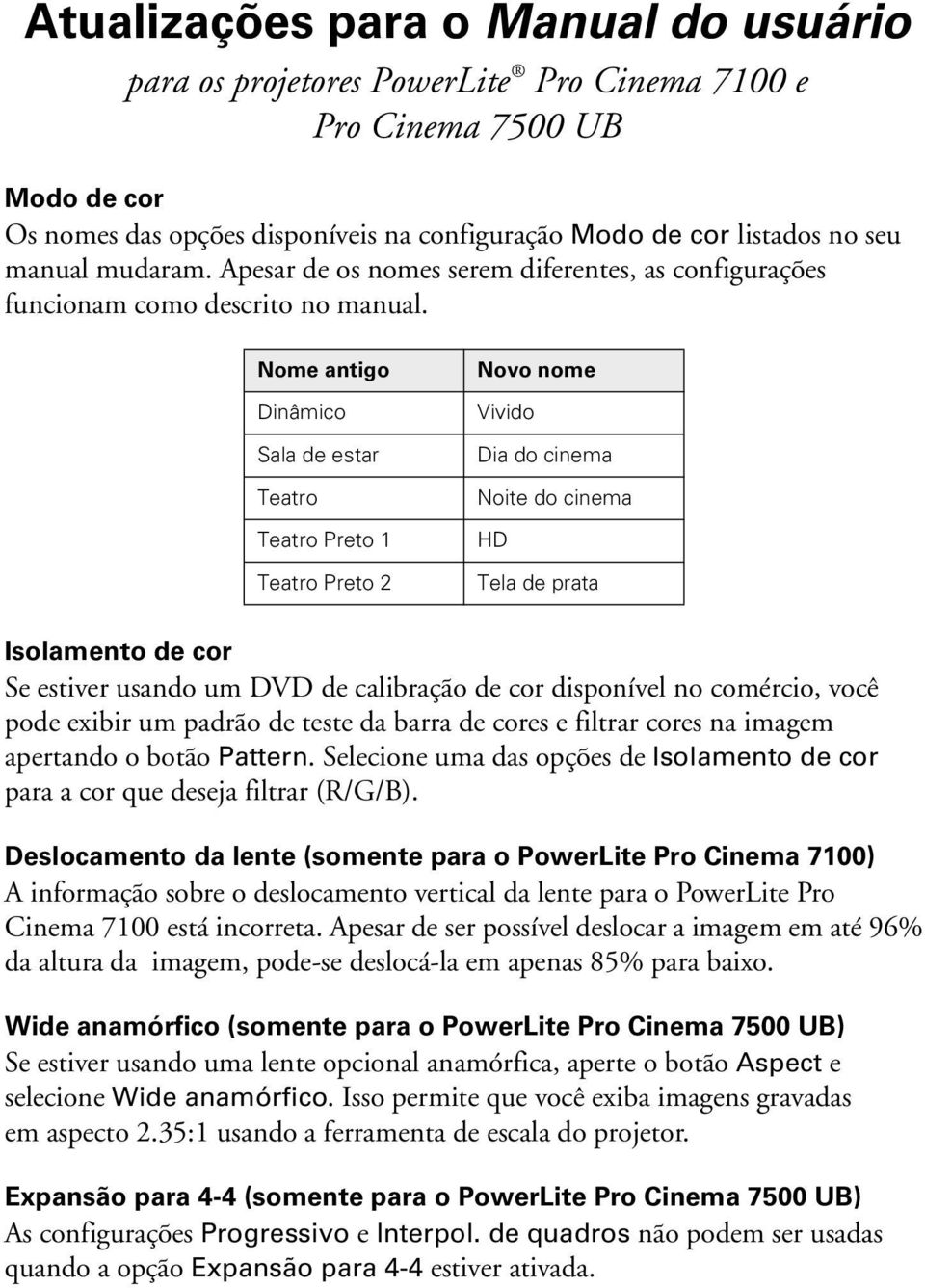 Nome antigo Dinâmico Sala de estar Teatro Teatro Preto 1 Teatro Preto 2 Novo nome Vivido Dia do cinema Noite do cinema Tela de prata Isolamento de cor Se estiver usando um DVD de calibração de cor