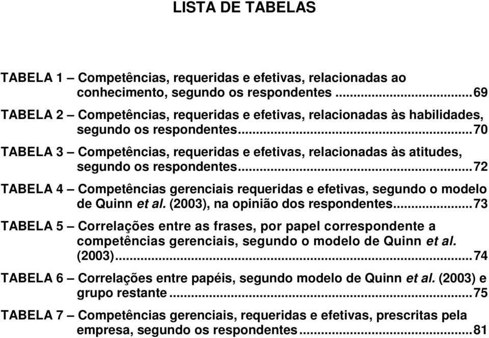 ..70 TABELA 3 Competências, requeridas e efetivas, relacionadas às atitudes, segundo os respondentes...72 TABELA 4 Competências gerenciais requeridas e efetivas, segundo o modelo de Quinn et al.