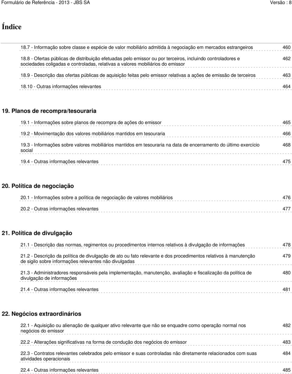 9 - Descrição das ofertas públicas de aquisição feitas pelo emissor relativas a ações de emissão de terceiros 463 18.10 - Outras informações relevantes 464 19. Planos de recompra/tesouraria 19.