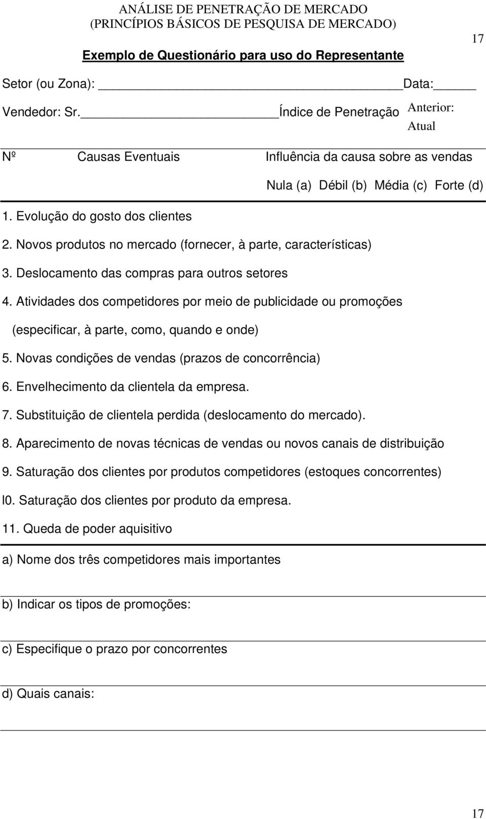 Novos produtos no mercado (fornecer, à parte, características) 3. Deslocamento das compras para outros setores 4.