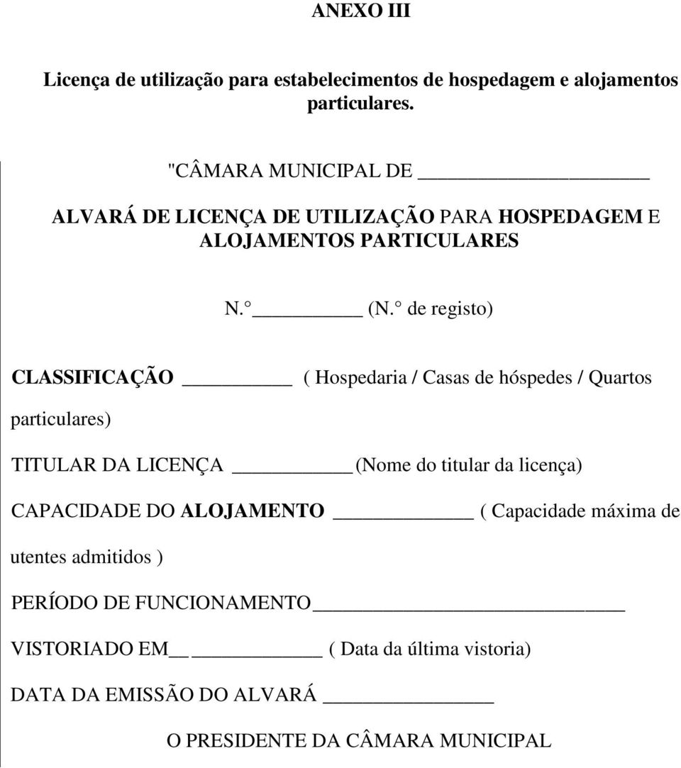 de registo) CLASSIFICAÇÃO ( Hospedaria / Casas de hóspedes / Quartos particulares) TITULAR DA LICENÇA (Nome do titular da licença)