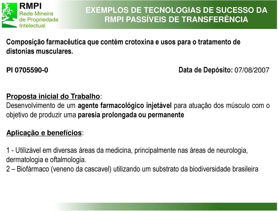 PI 0705590-0 Data de Depósito: 07/08/2007 Proposta inicial do Trabalho: Desenvolvimento de um agente farmacológico injetável para atuação dos músculo