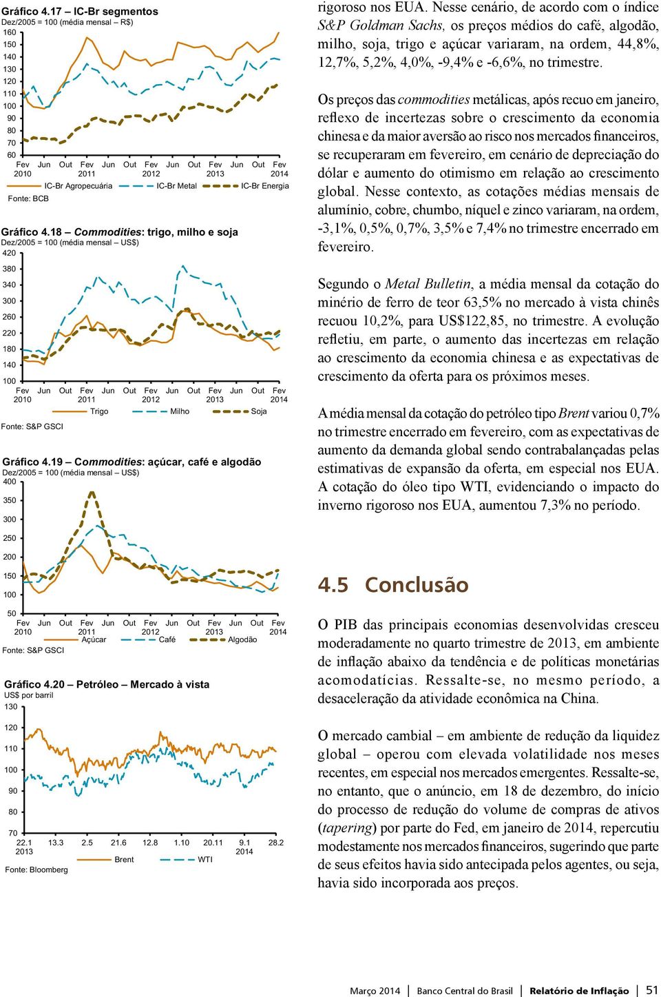 Nesse cenário, de acordo com o índice S&P Goldman Sachs, os preços médios do café, algodão, milho, soja, trigo e açúcar variaram, na ordem,,8,,7, 5,,,, -9, e -,, no trimestre.