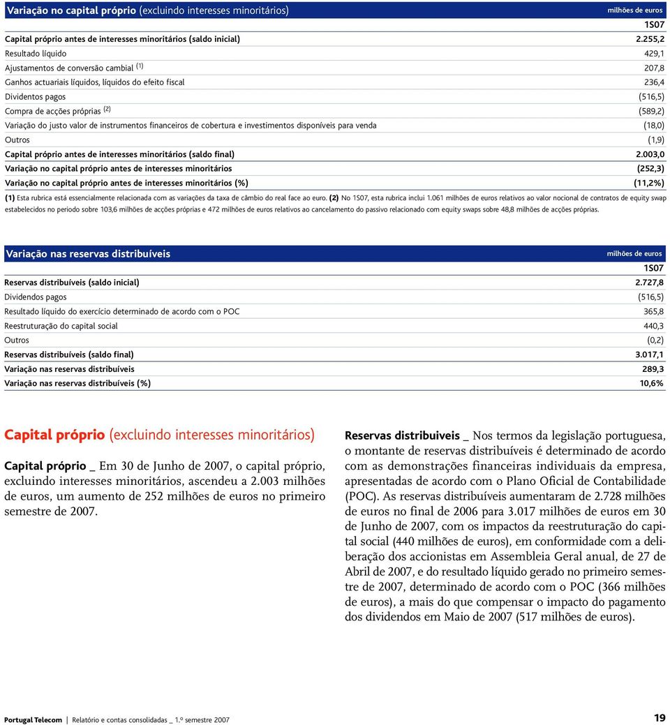 Variação do justo valor de instrumentos financeiros de cobertura e investimentos disponíveis para venda (18,0) Outros (1,9) Capital próprio antes de interesses minoritários (saldo final) 2.