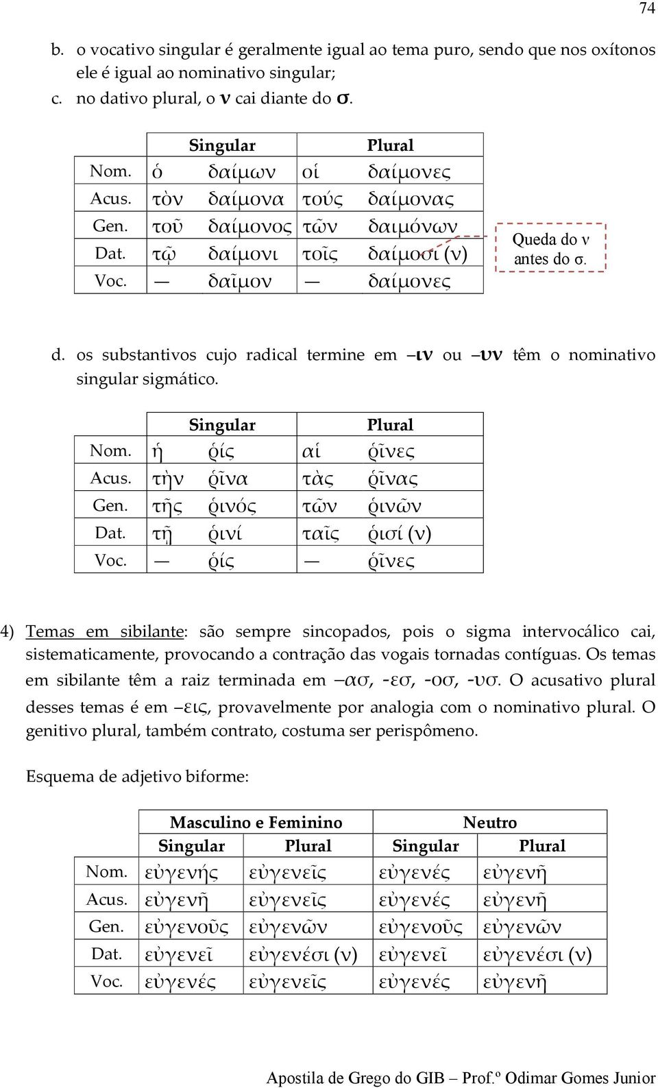 ν antes do σ. d. os substantivos cujo radical termine em ιν ou υν têm o nominativo singular sigmático. Nom. ἡ ῥίς αἱ ῥῖνες Acus. τὴν ῥῖνα τὰς ῥῖνας Gen. τῆς ῥινός τῶν ῥινῶν Dat.